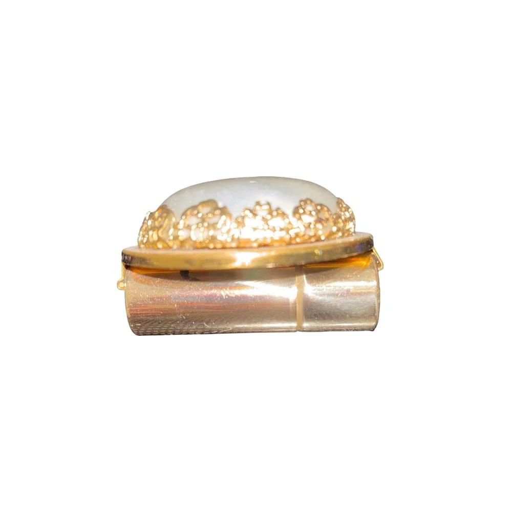 Vintage Gold Lipstick Holder Faux Mother of Pearl Cabochon Filigree Case Flaw